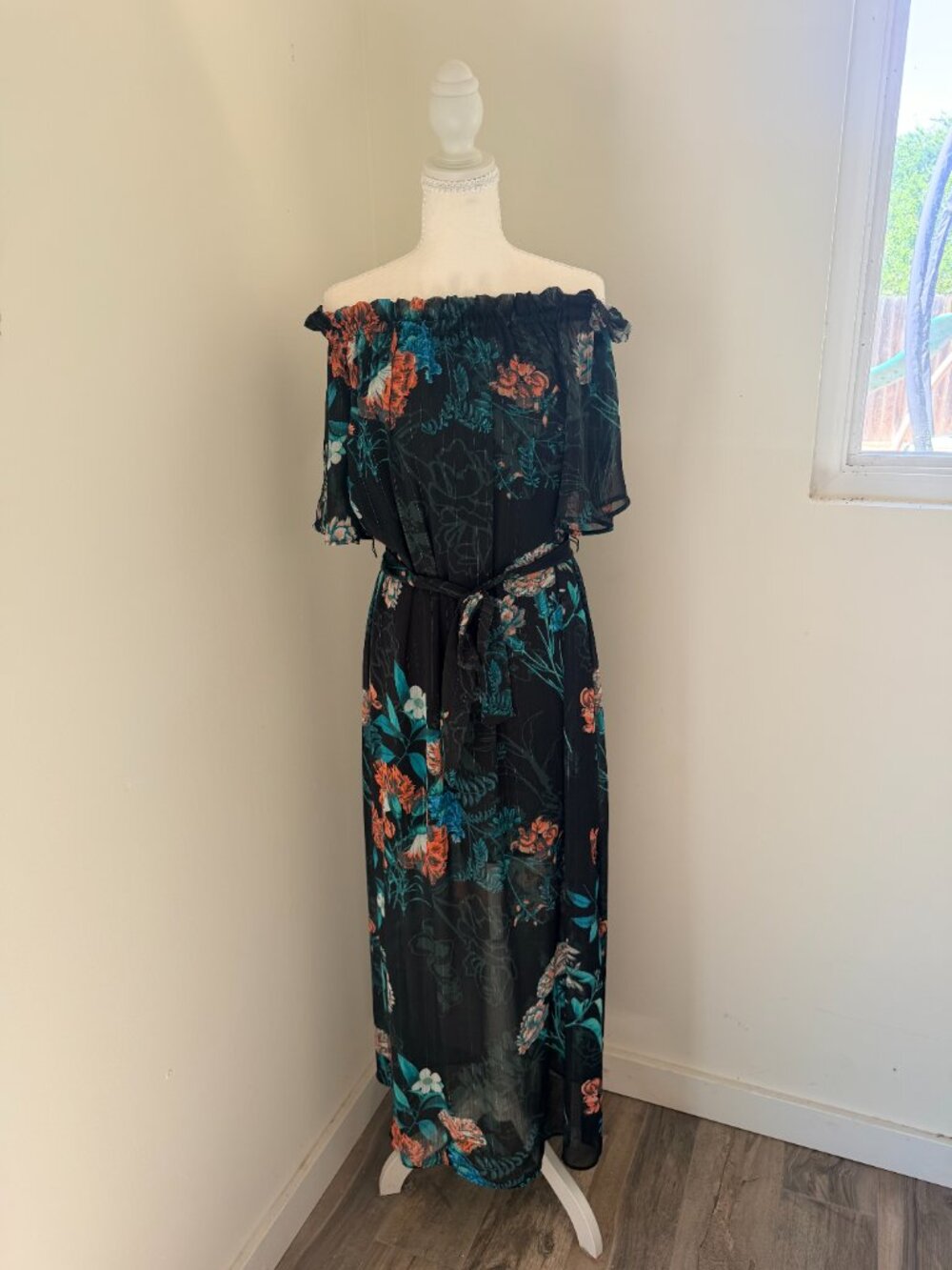Beige by ECI Off-The-Shoulder Floral Maxi Dress Black Teal Coral Size M